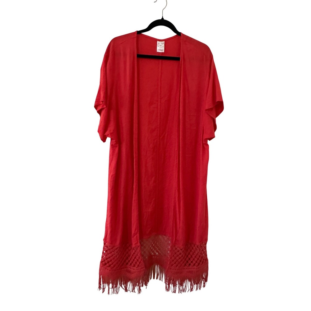 No Boundaries Womens Red Crochet Lace Fringe Kimono Size S-M Boho Tropical Beach